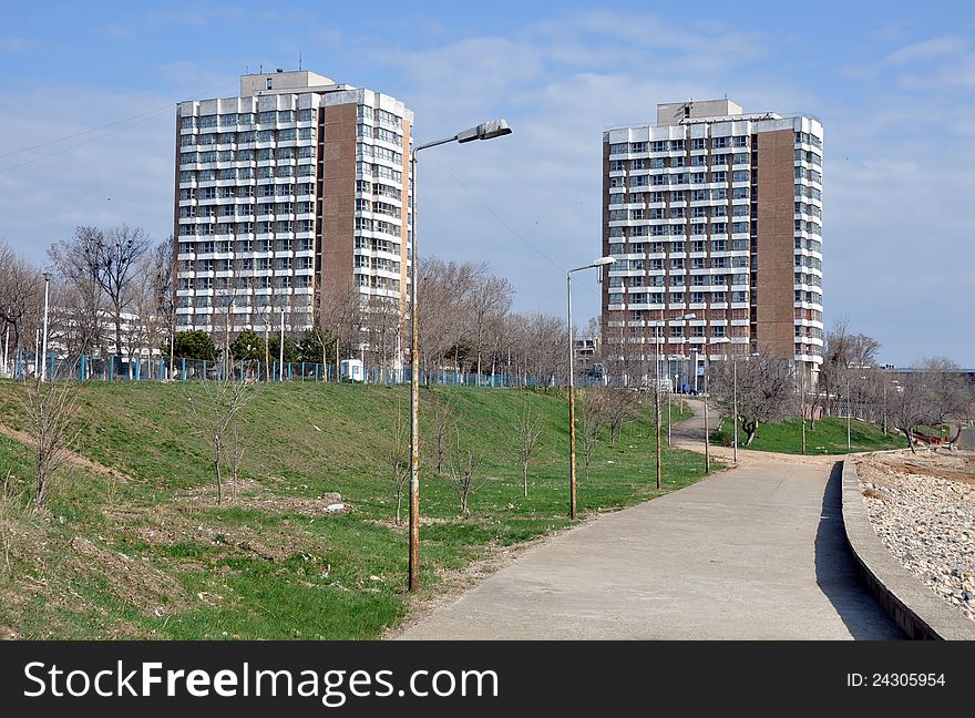 Landscape with golf and twin towers in Mangalia resort of Romania