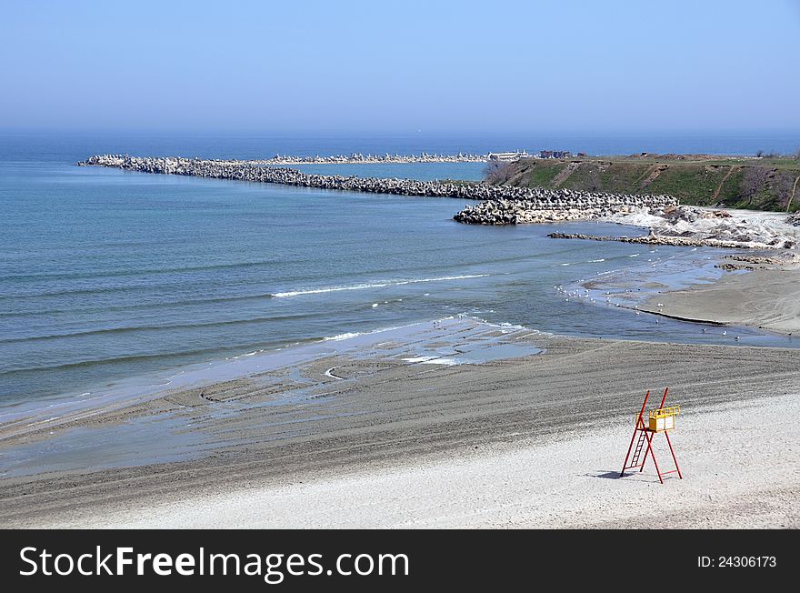 Panorama sea and curved dam in Mangalia resort near Constanta in Southern Romania