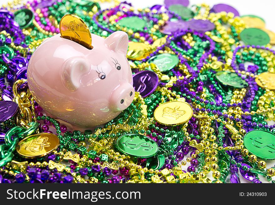 Piggy Bank With Mardi Gras Coins