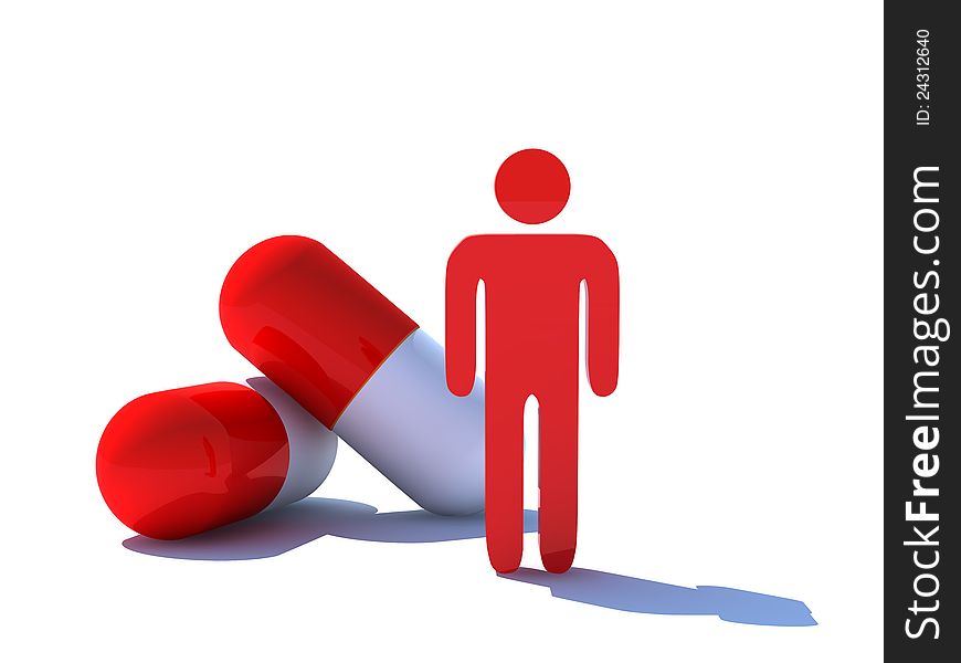 Red man against the background of pills. Red man against the background of pills