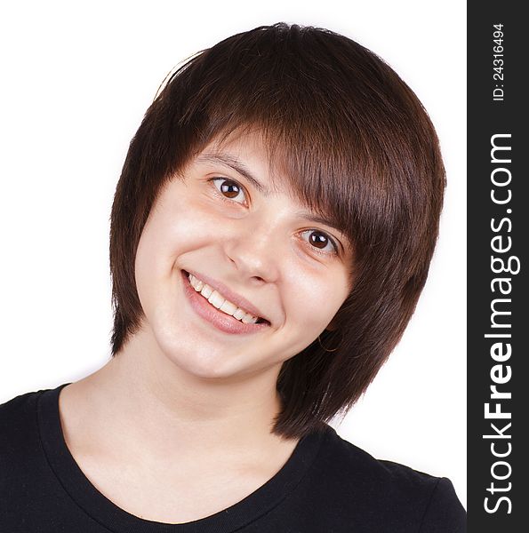 Close up portrait of happy teenager isolated on white background