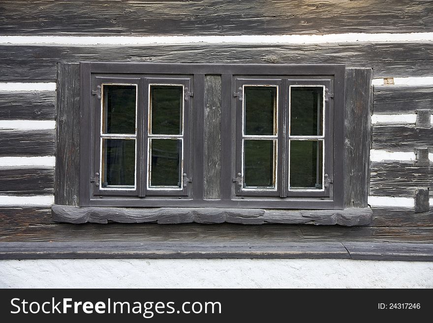 Detail of windows of old black and white cottage. Detail of windows of old black and white cottage