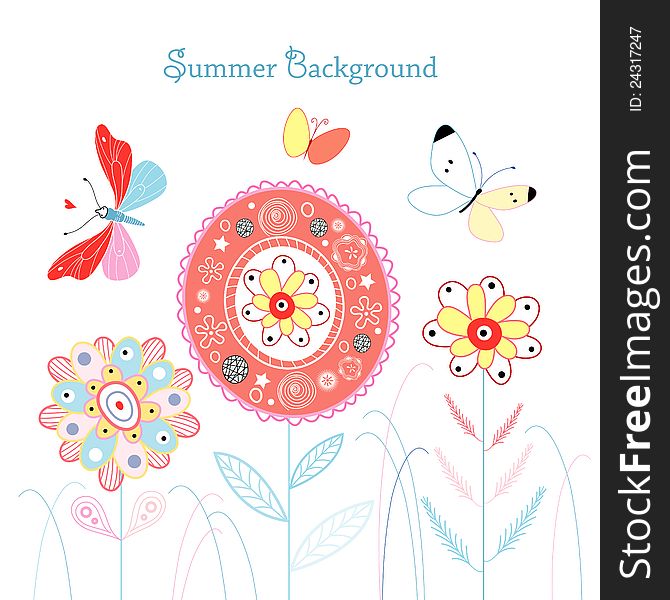 Background with bright summer flowers and butterflies on a white. Background with bright summer flowers and butterflies on a white