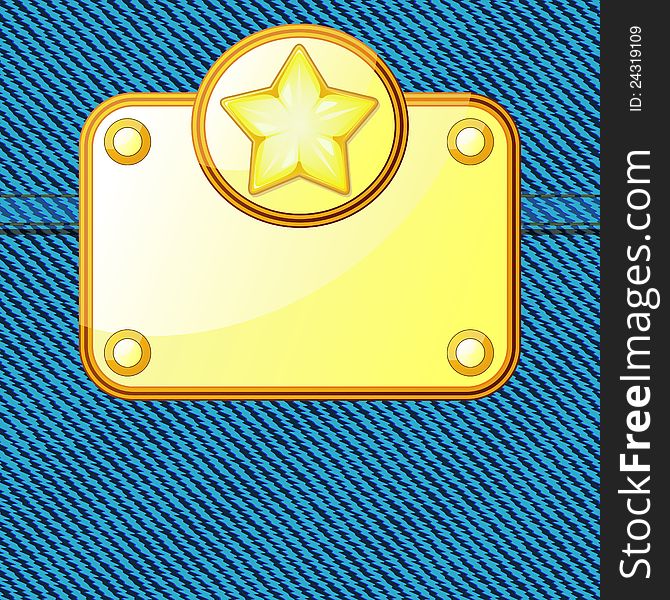 Golden plate with star over blue denim background. Golden plate with star over blue denim background