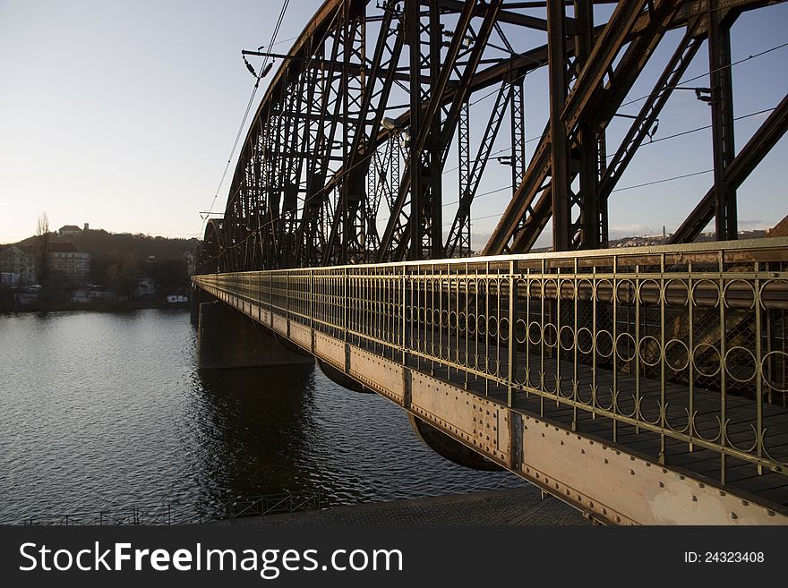 Detail of metal railway bridge over river Vltava in Prague. Detail of metal railway bridge over river Vltava in Prague