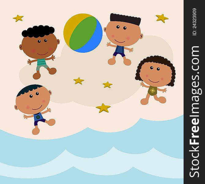 Beach scene composed of a group of cute cartoon kids playing beach ball. Beach scene composed of a group of cute cartoon kids playing beach ball