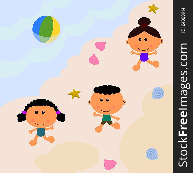 Beach scene composed of a group of cute cartoon kids playing and running. Beach scene composed of a group of cute cartoon kids playing and running