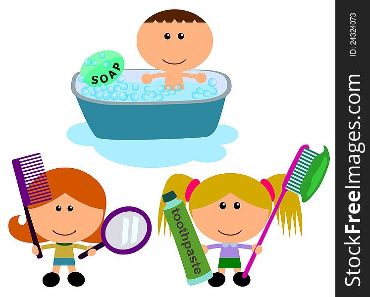 Set of cartoon kids showing different ways to clean our body. Set of cartoon kids showing different ways to clean our body