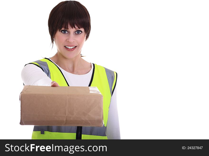 Image of a  delivery woman offering you your parcel