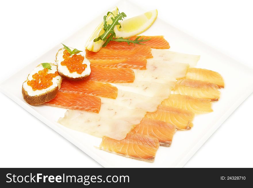 Fish and caviar sandwiches on white background. Fish and caviar sandwiches on white background