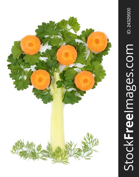 Tree of parsley and celery stalks with a lawn grass and fruit