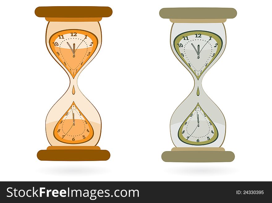 Abstract sand Hourglass with wall clocks inside as time passing metaphor, vector illustration