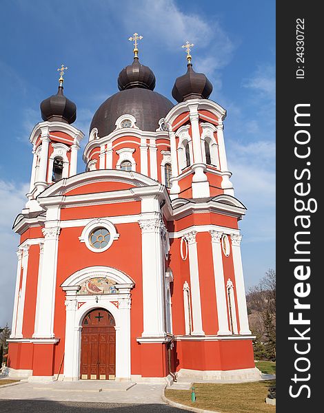 Red church in the moldavian village