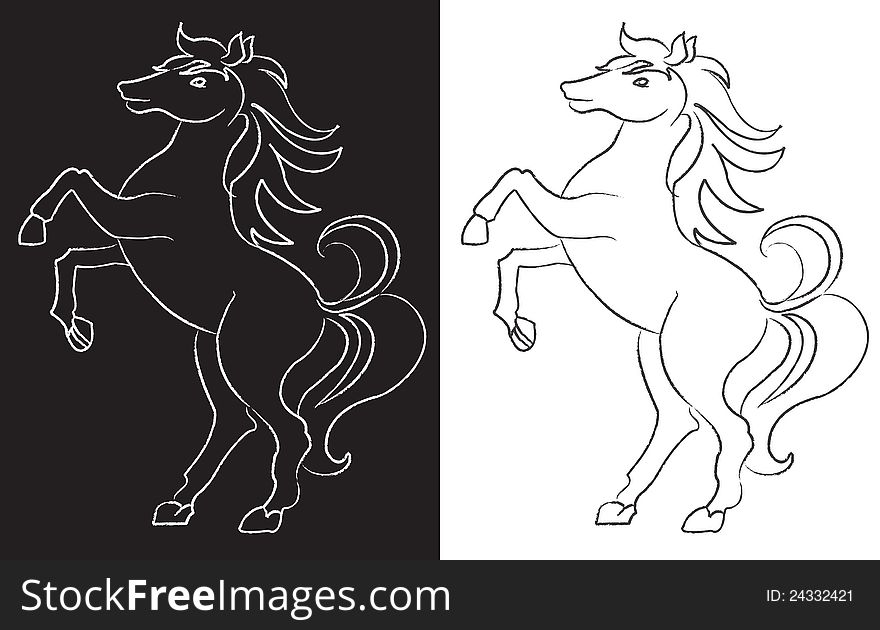 Sketch art of horse on white and black background