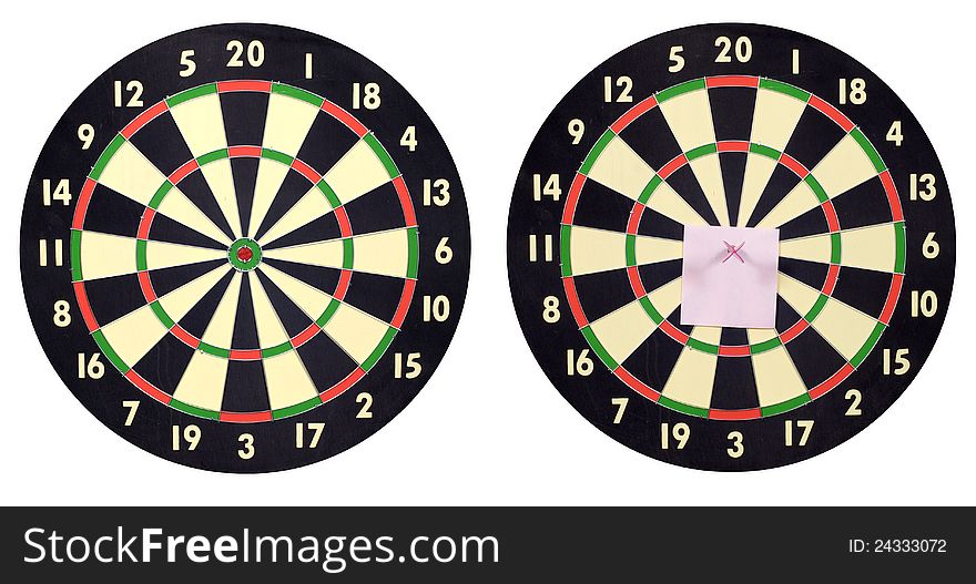 Dart board, with and without note paper. Dart board, with and without note paper
