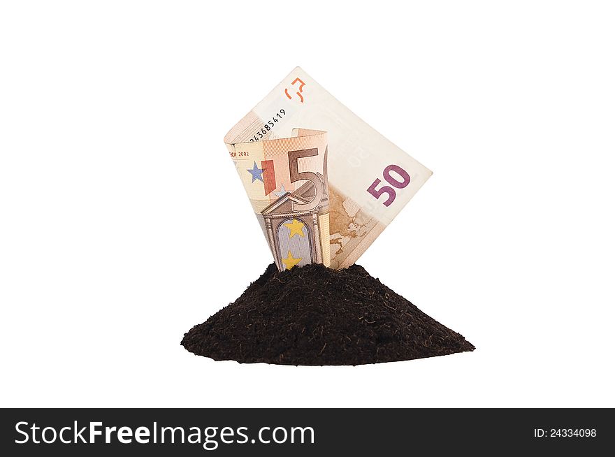 Fifty euro banknotes put into the ground. Fifty euro banknotes put into the ground