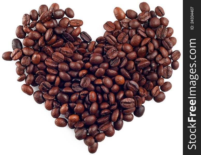 Caffee beans heart on white background