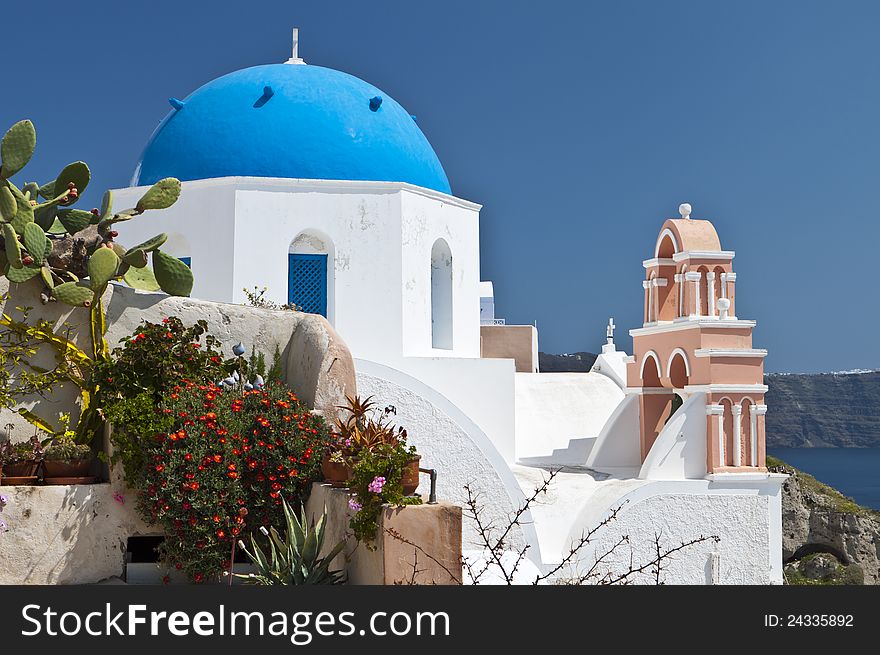 Traditional church with blue cupola at Santorini island in Greece. Traditional church with blue cupola at Santorini island in Greece