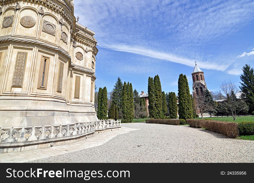 Curtea de Arges church facade garden near Bucharest in Romania. Curtea de Arges church facade garden near Bucharest in Romania