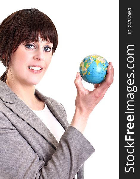 Image of a business woman holding a globe