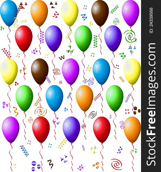 Many balloons and confetti on a white background. Many balloons and confetti on a white background