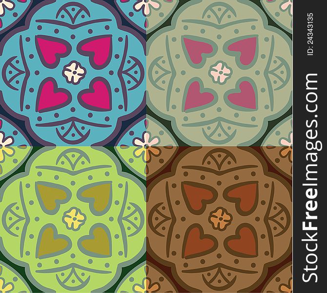 Seamless ornate backgrounds with hearts. Four color versions.