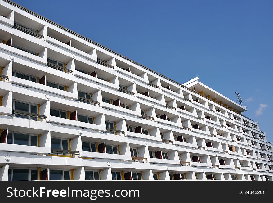 Modern white architecture and balcony in Olimp resort near Constanta city in Romania on the Black sea coast. Modern white architecture and balcony in Olimp resort near Constanta city in Romania on the Black sea coast