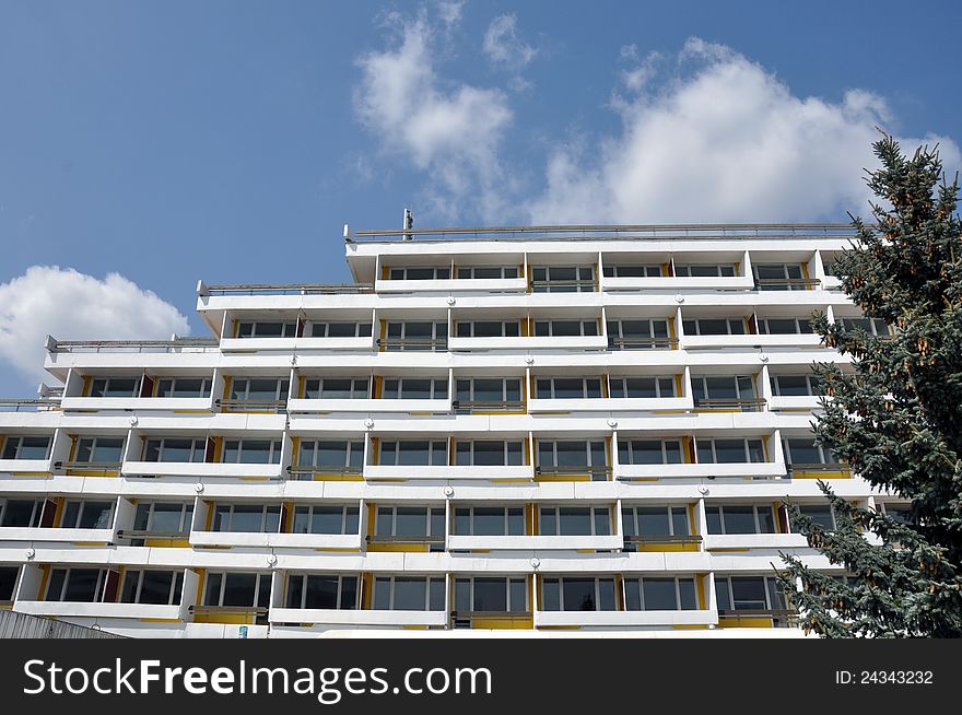 Modern white architecture and balcony in Olimp resort near Constanta city in Romania on the Black sea coast. Modern white architecture and balcony in Olimp resort near Constanta city in Romania on the Black sea coast