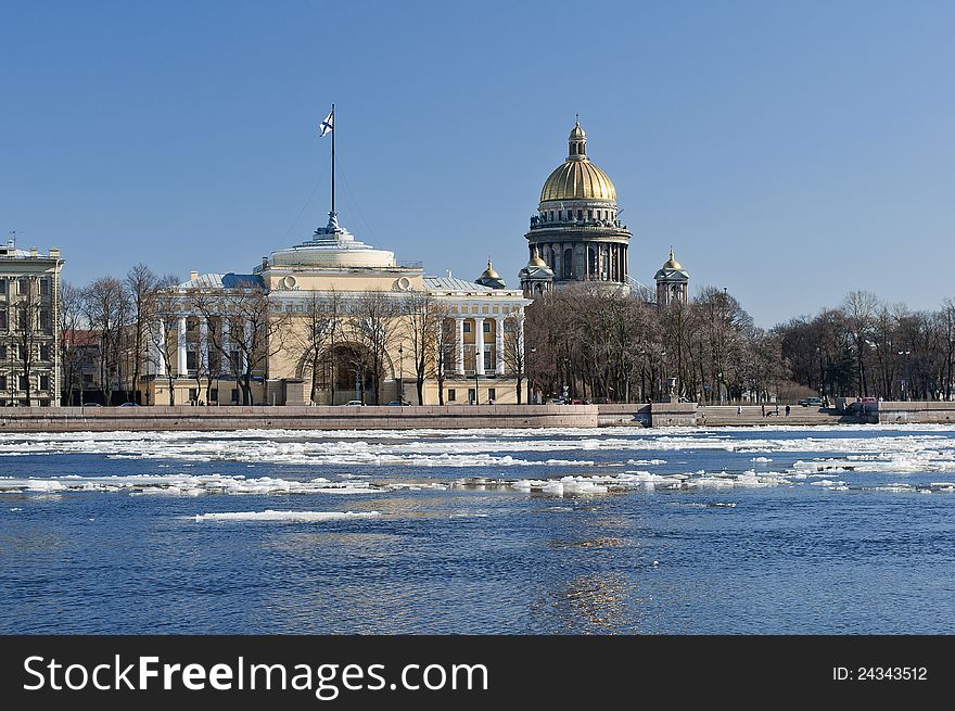 View of St. Isaac's Cathedral and Neva River in the spring, city of St. Petersburg. Russia. View of St. Isaac's Cathedral and Neva River in the spring, city of St. Petersburg. Russia