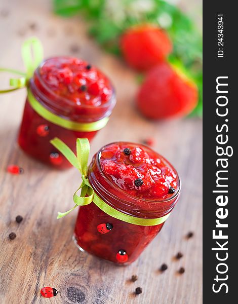 Strawberry and black pepper jam, selective focus