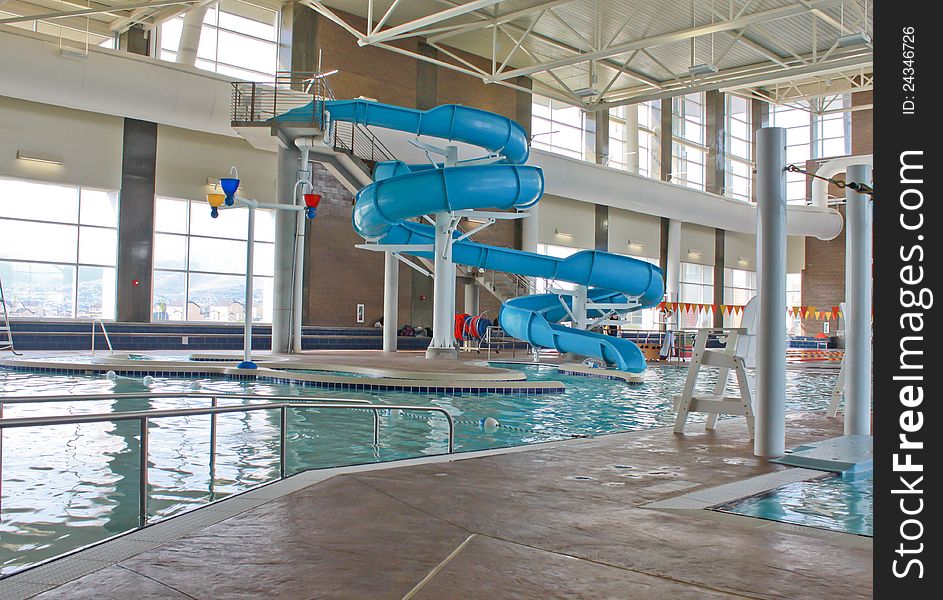 Image of the blue slide at the indoor pool. Image of the blue slide at the indoor pool