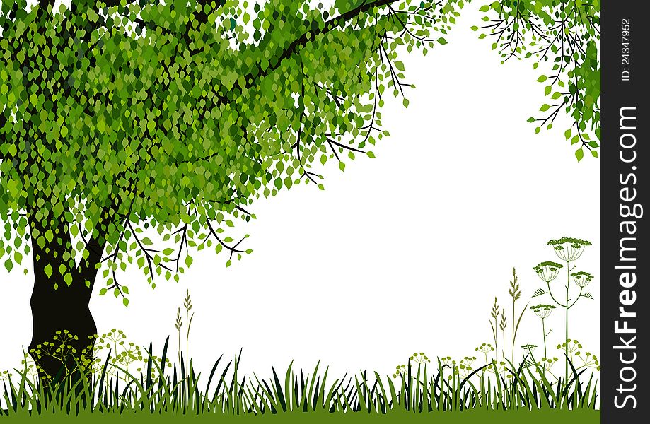Green tree and meadow on white background with space for your text. Full scalable vector graphic. Green tree and meadow on white background with space for your text. Full scalable vector graphic