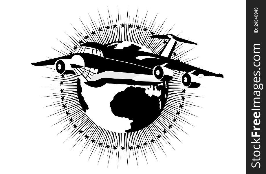 A passenger airliner in the background of the Earth. Black and white illustration. A passenger airliner in the background of the Earth. Black and white illustration.