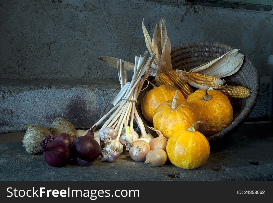 Still life of harvest crops in front of a concrete wall. Still life of harvest crops in front of a concrete wall.