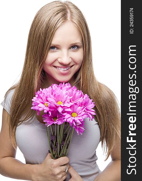 Smiling Blond Girl With Pink Flowers