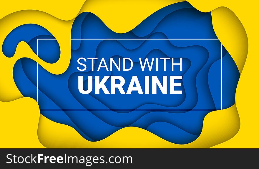 Vector paper cut background illustration of Stand With Ukraine concept with prohibition sign on Ukraine flag colors. No war and military attack in Ukraine poster