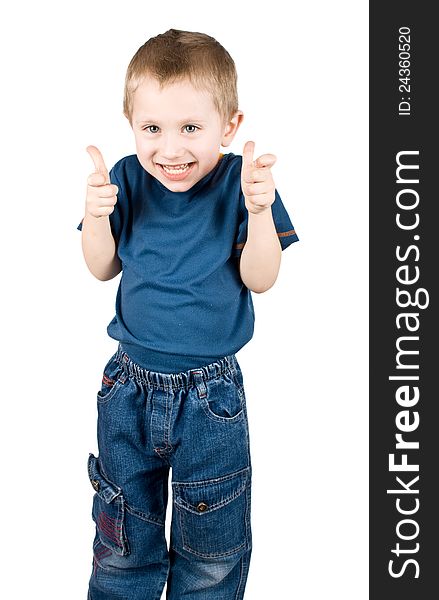 Happy boy shows the sign OK on a white background