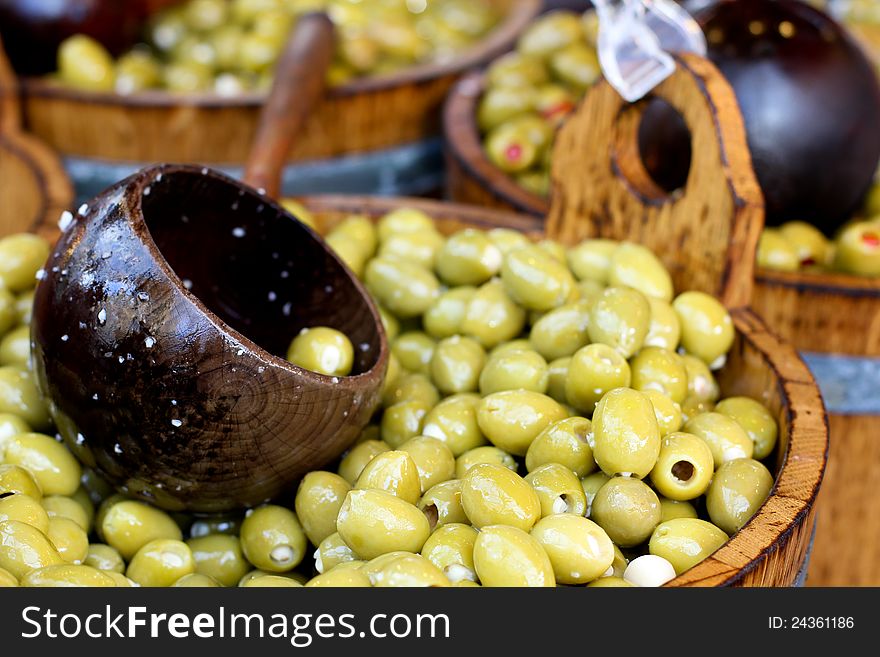 Green ripe olives for sale on the street market. Green ripe olives for sale on the street market