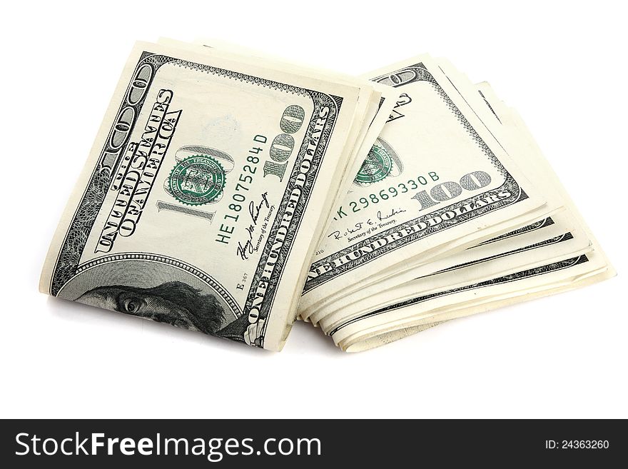 Stack of one hundred dollar bills U.S. on white background. Stack of one hundred dollar bills U.S. on white background