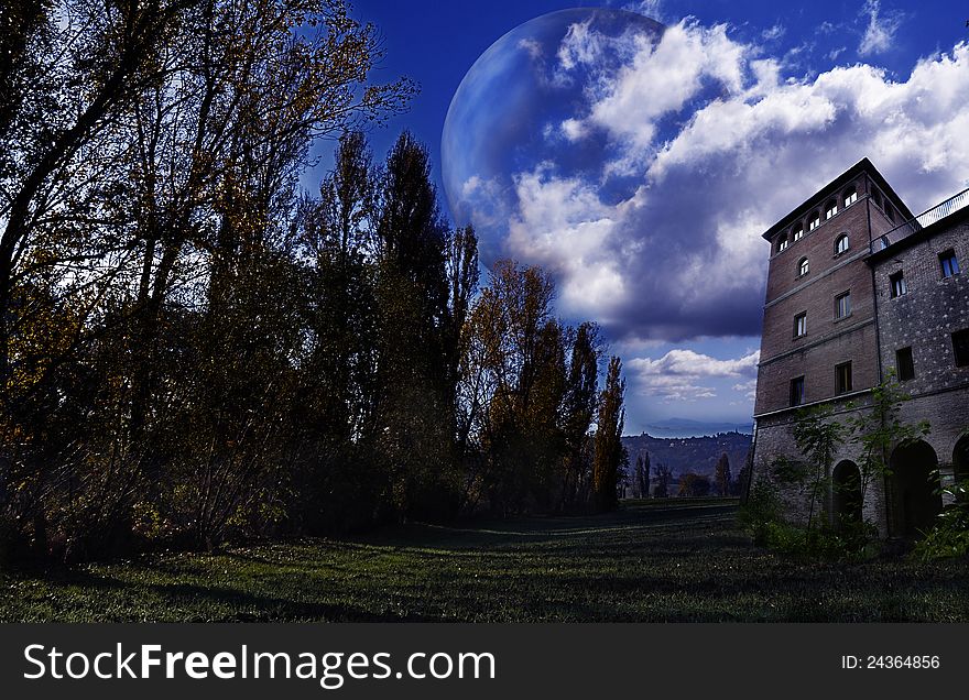 Night setting with forest, old house and cloudy sky, matte painting. Night setting with forest, old house and cloudy sky, matte painting