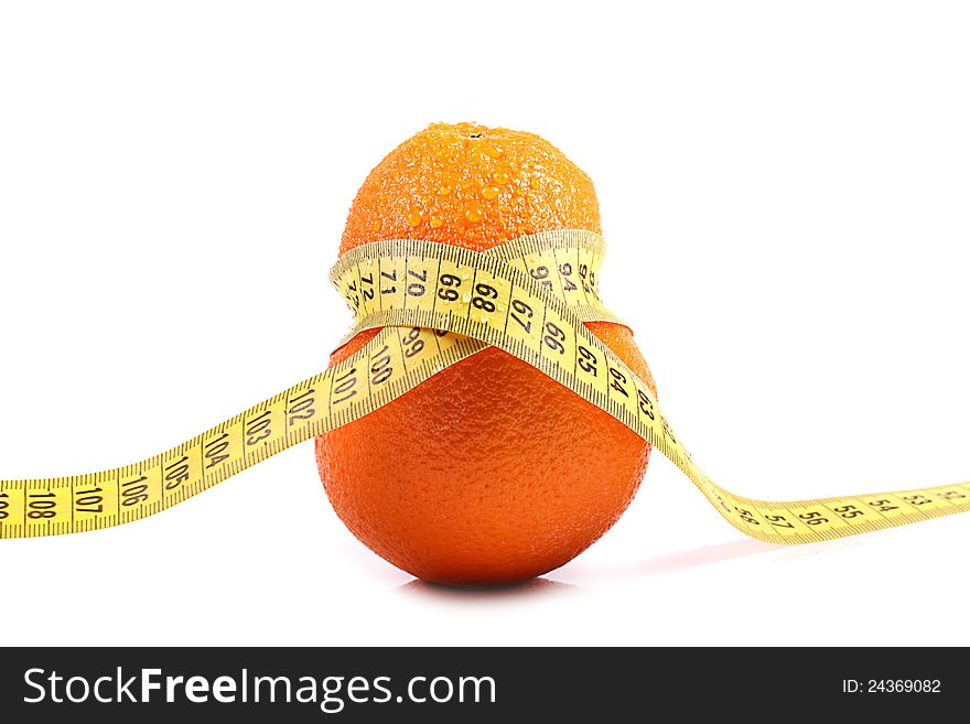 Orange with measuring tape  on white background. Orange with measuring tape  on white background