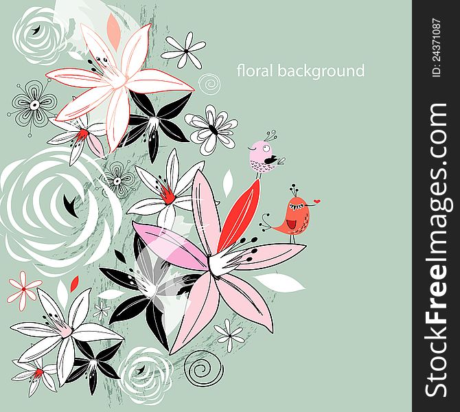 Bright graphic floral background with birds on a light blue