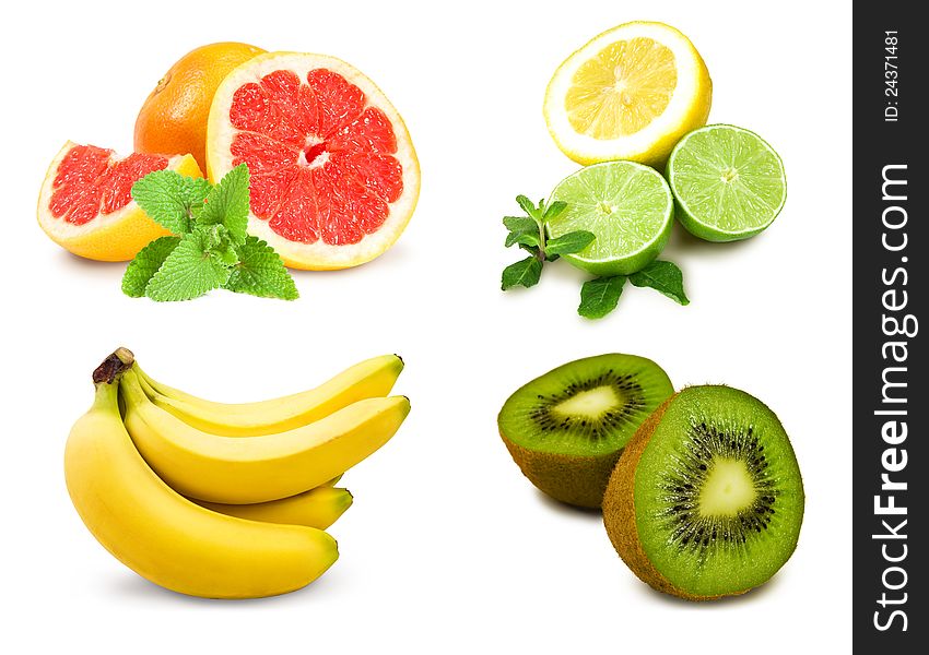 Collage of tropical fruits on a white background