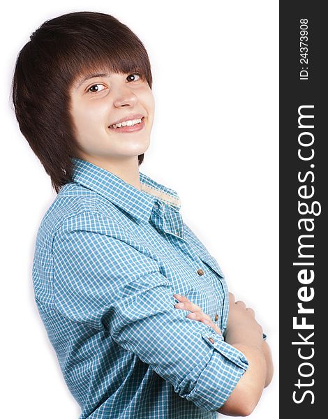 Portrait of happy young woman isolated on white background