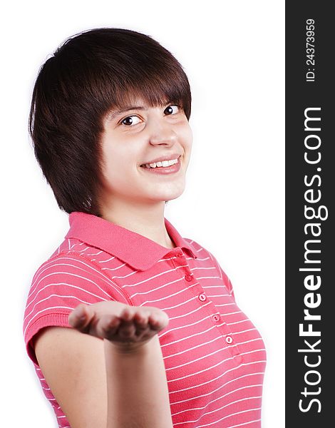 Happy teenager holding hand isolated