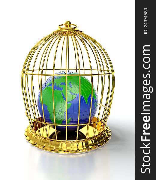 3D render of earth trapped in golden cage. 3D render of earth trapped in golden cage