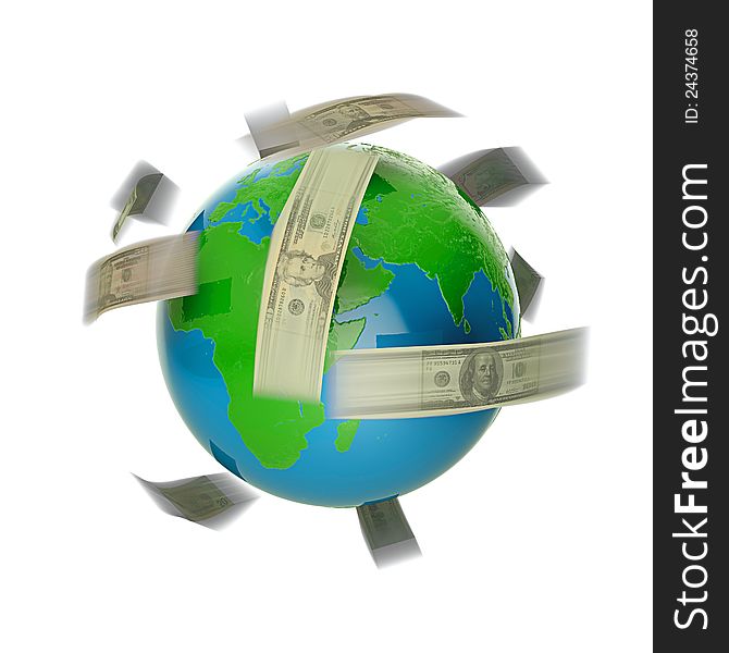 3D render of flying dollar bills around world. 3D render of flying dollar bills around world