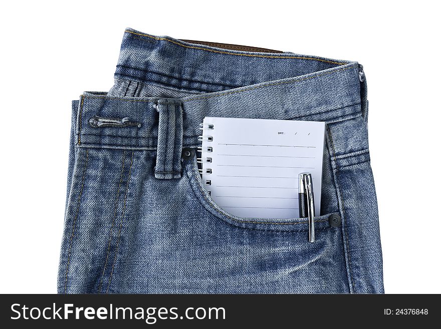 New Blue jeans trouser and notepad isolated on the white background