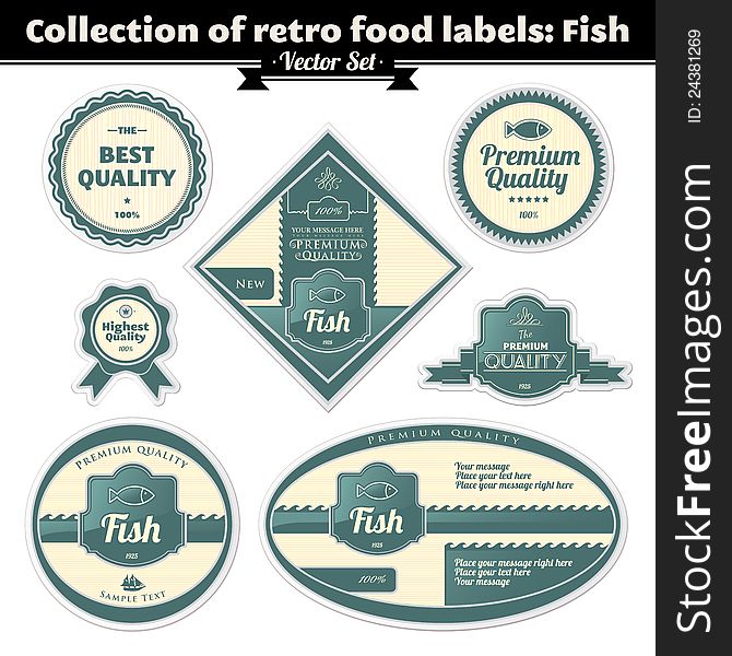 Collection Of Vintage Retro Grunge Food Labels. Fish. Collection Of Vintage Retro Grunge Food Labels. Fish