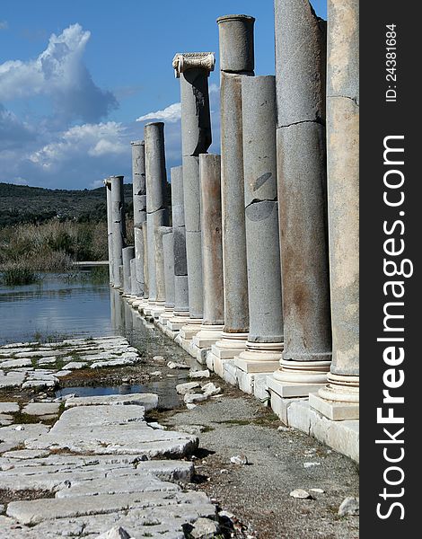 Shows Roman remains in the ancient port of Patara on the Lycian Way. Shows Roman remains in the ancient port of Patara on the Lycian Way.